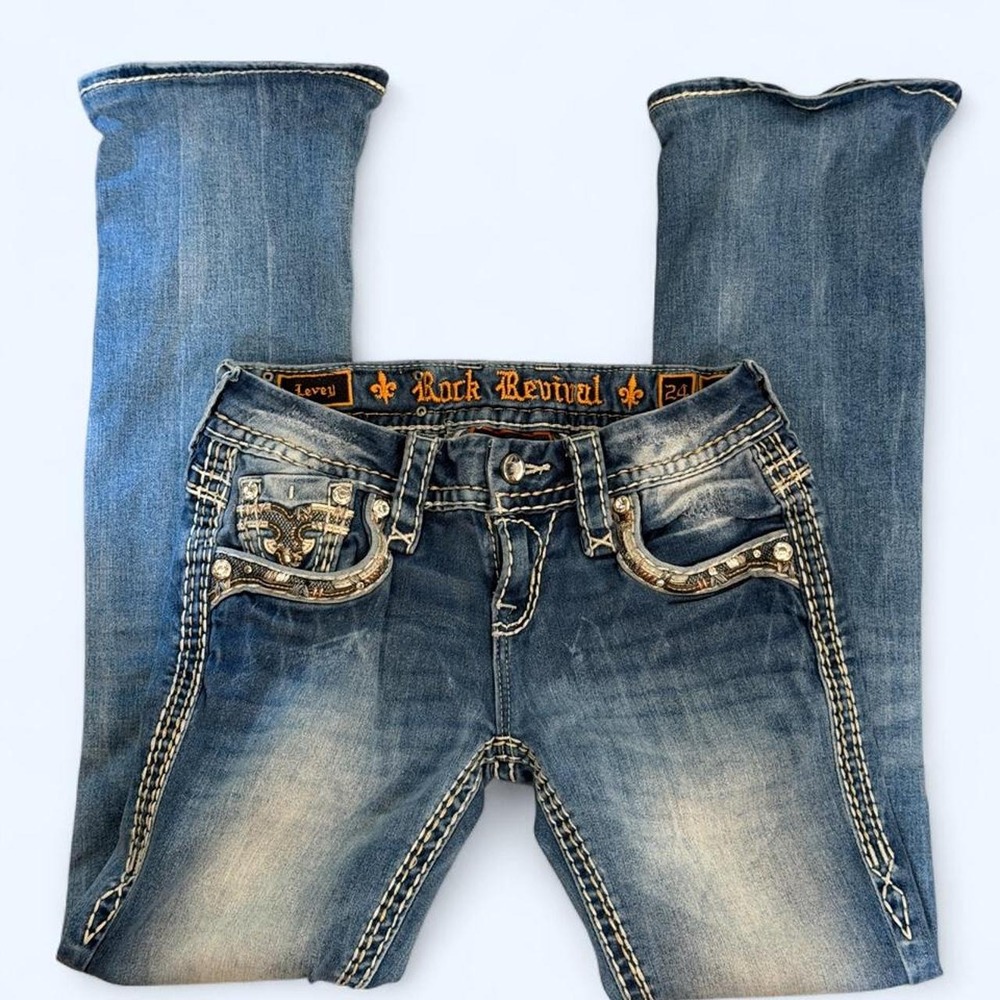 Rock Revival Levey Low Rise Bootcut Jeans Embroidered w/ Rhinestones Size 24